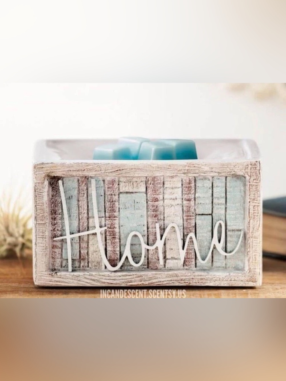 Scentsy Rustic 'Home' Wooden Decorative Box - White & Light Blue
